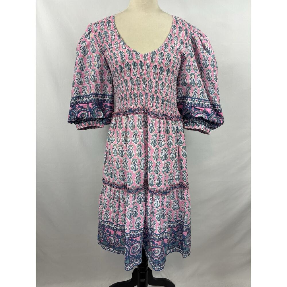 Lola Australia Athena Nap Dress Pink Blue Floral XS 8 AU Smocked Puff Sleeves